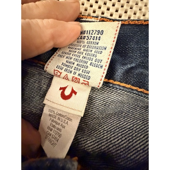 True Religion Ricky Jeans Size 34 Straight Leg Mid Rise Orange Flap Pockets USA - Picture 9 of 13